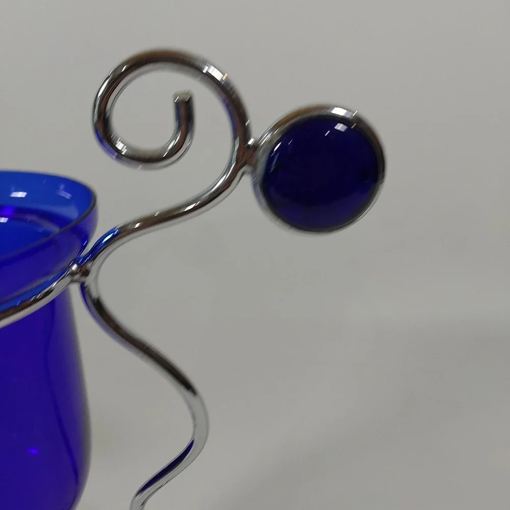 Vintage MCM‎ Cobalt Blue Glass Silver Tone Metal Coil Candle Holder 10